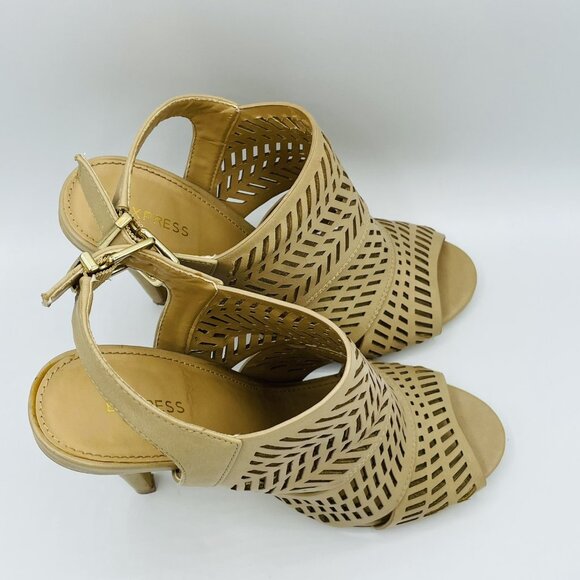 Express Shoes Womens Size 6.5 Tan Beige Heels Bootie Stiletto Ankle Strap Buckle - Picture 3 of 10